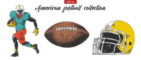 engraved style illustrations for posters, decoration, logo. Hand drawn sketch of American football player, ball and helmet set isolated on white background. Detailed vintage etching drawing. vector