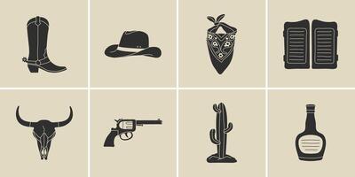 Wild west elements in modern style flat, line style. Hand drawn illustration cowboy boot, hat, saloon doors, bandana, bull skull, revolver, cactus, rum bottle. Cowboy patch, badge, emblem. vector