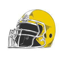 engraved style illustration for posters, decoration and print. Hand drawn sketch of american football helmet in yellow isolated on white background. Detailed vintage etching style drawing. vector