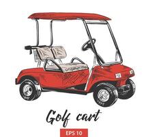 engraved style illustration for posters, decoration and print. Hand drawn sketch of golf cart in red isolated on white background. Detailed vintage etching style drawing. vector
