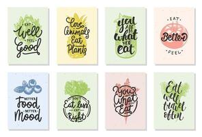 Set of 8 advertising and inspirational healthy food and eating lettering posters, decoration, prints, packaging design. Hand drawn typography with sketches. Handwritten calligraphy. vector