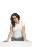 young and friendly teacher at her desk in front of the class on neutral background png