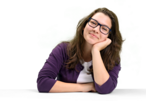 young and friendly teacher at her desk in front of the class on neutral background png