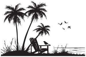 summer Scene With A Beach Chair With small Palm Trees, and sunbird Beach Time, Summer Vacation black silhouette white background vector