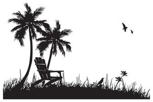 verano escena con un playa silla con pequeño palma árboles, y Sunbird playa tiempo, verano vacaciones negro silueta blanco antecedentes vector