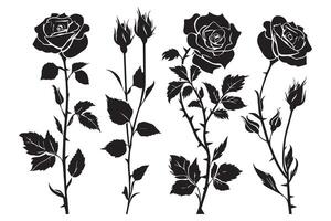 Set of three black silhouettes of rose flowers isolated on a white background. Minimalist hand drawn sketch. stock illustration vector