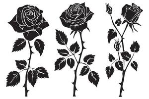 Set of three black silhouettes of rose flowers isolated on a white background. Minimalist hand drawn sketch. stock illustration vector