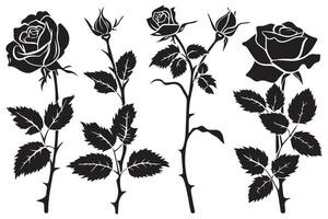 Set of three black silhouettes of rose flowers isolated on a white background. Minimalist hand drawn sketch. stock illustration vector