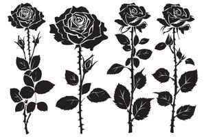 Set of three black silhouettes of rose flowers isolated on a white background. Minimalist hand drawn sketch. stock illustration vector