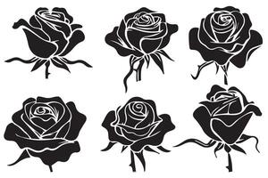 Set of black silhouettes of decorative fresh blossoming rose with steam and leaves. Hand drawn outline flower icon monochrome illustrations isolated on white background vector