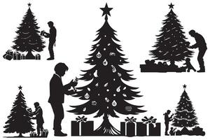 set of new year, christmas trees with gifts silhouette design isolated vector