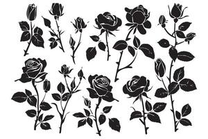 Set of three black silhouettes of rose flowers isolated on a white background. Minimalist hand drawn sketch. stock illustration vector