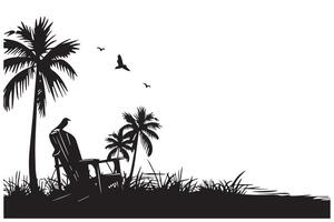 summer Scene With A Beach Chair With small Palm Trees, and sunbird Beach Time, Summer Vacation black silhouette white background vector