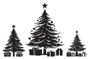 set of new year, christmas trees with gifts silhouette design isolated vector