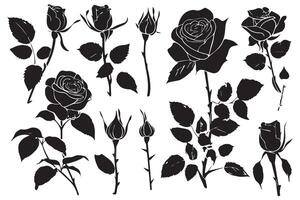 black slhoutte Set of rose with leaves Flower black silhoutte white background vector