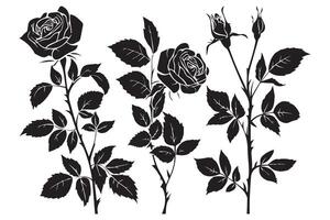 Set of three black silhouettes of rose flowers isolated on a white background. Minimalist hand drawn sketch. stock illustration vector