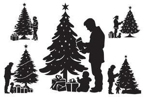 set of new year, christmas trees with gifts silhouette design isolated vector