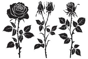 Set of three black silhouettes of rose flowers isolated on a white background. Minimalist hand drawn sketch. stock illustration vector