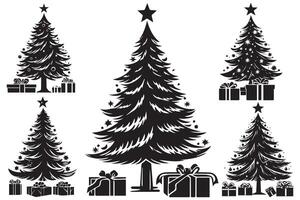 set of new year, christmas trees with gifts silhouette design isolated vector