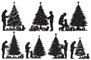 set of new year, christmas trees with gifts silhouette design isolated vector