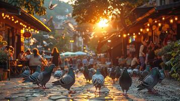 puesta de sol y palomas en un bullicioso Sarajevo cuadrado foto