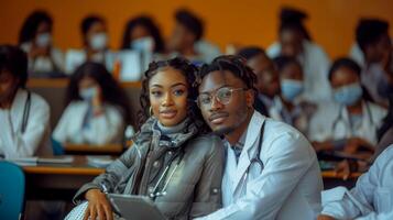 Pareja de médico estudiantes juntos en un salón de clases ajuste foto