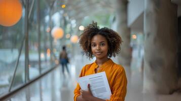 Confident Young African Woman Holding Resume in Office photo