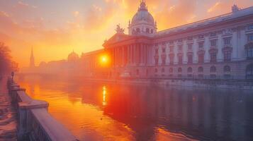 Sunset Glow Over Austrian Parliament Building by the River photo