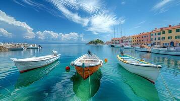 pintoresco centro de deportes acuáticos ver en piran con barcos y claro azul cielo foto