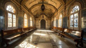 iluminado por el sol histórico interior con arqueado techos y embaldosado paredes en un majestuoso antiguo edificio foto