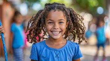 alegre elemental niña sonriente durante patio de recreo juegos con amigos foto