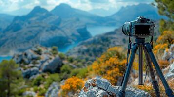 profesional cámara en trípode con vista a escénico montaña paisaje foto