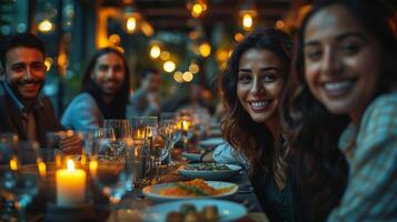 amigos disfrutando cena fiesta a acogedor restaurante foto