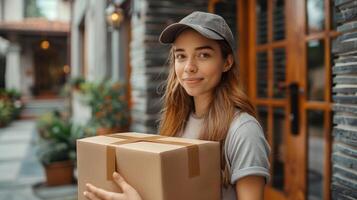 Young Woman in Cap Smiling While Delivering Cardboard Parcel in Front of Modern House photo