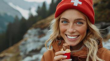 joven mujer disfrutando chocolate en suizo montañas con bandera foto