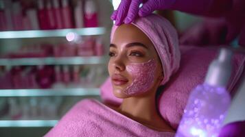 experto aplicando facial tratamiento máscara en moderno belleza spa foto