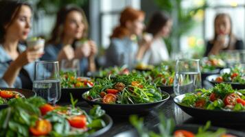 Group of Young Office Workers Enjoying Fresh Salads at Lunch photo