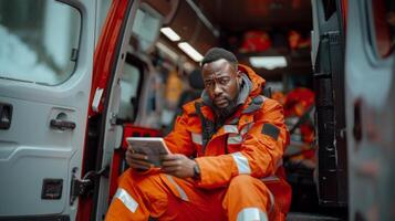 africano americano paramédico utilizando tableta en ambulancia foto