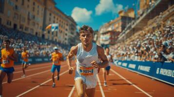 Determined Runner Leading the Race on a Sunny Day photo