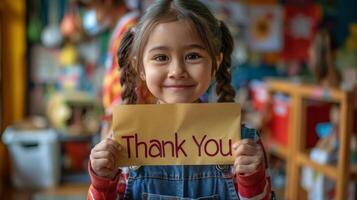 Child Holding Thank You Sign in Casual Setting photo