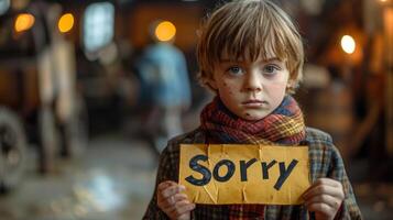 Young Boy Holding a 'Sorry' Sign in Rustic Workshop photo