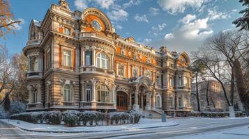 cubierto de nieve elegante histórico edificio en urbano ajuste foto