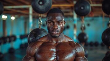 Muscular Black Man Training in a Home Gym Setting photo