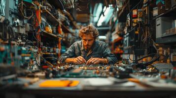 Focused Male Engineer Soldering Circuit Board in Workshop photo