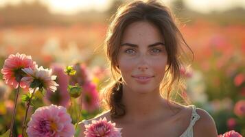 hermosa mujer rodeado por vistoso flores a puesta de sol foto