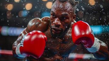 victorioso Boxer levantamiento puño en el anillo foto