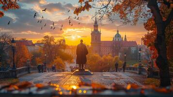 Sunset View of Historic City Center with Iconic Monument photo