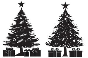 set of new year, christmas trees with gifts silhouette design isolated vector