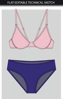 Lingerie design flat sketch set pink purple background, fashion illustration vector
