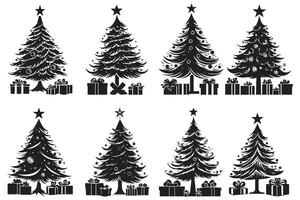 Set silhouette christmas trees with gifts design isolated vector